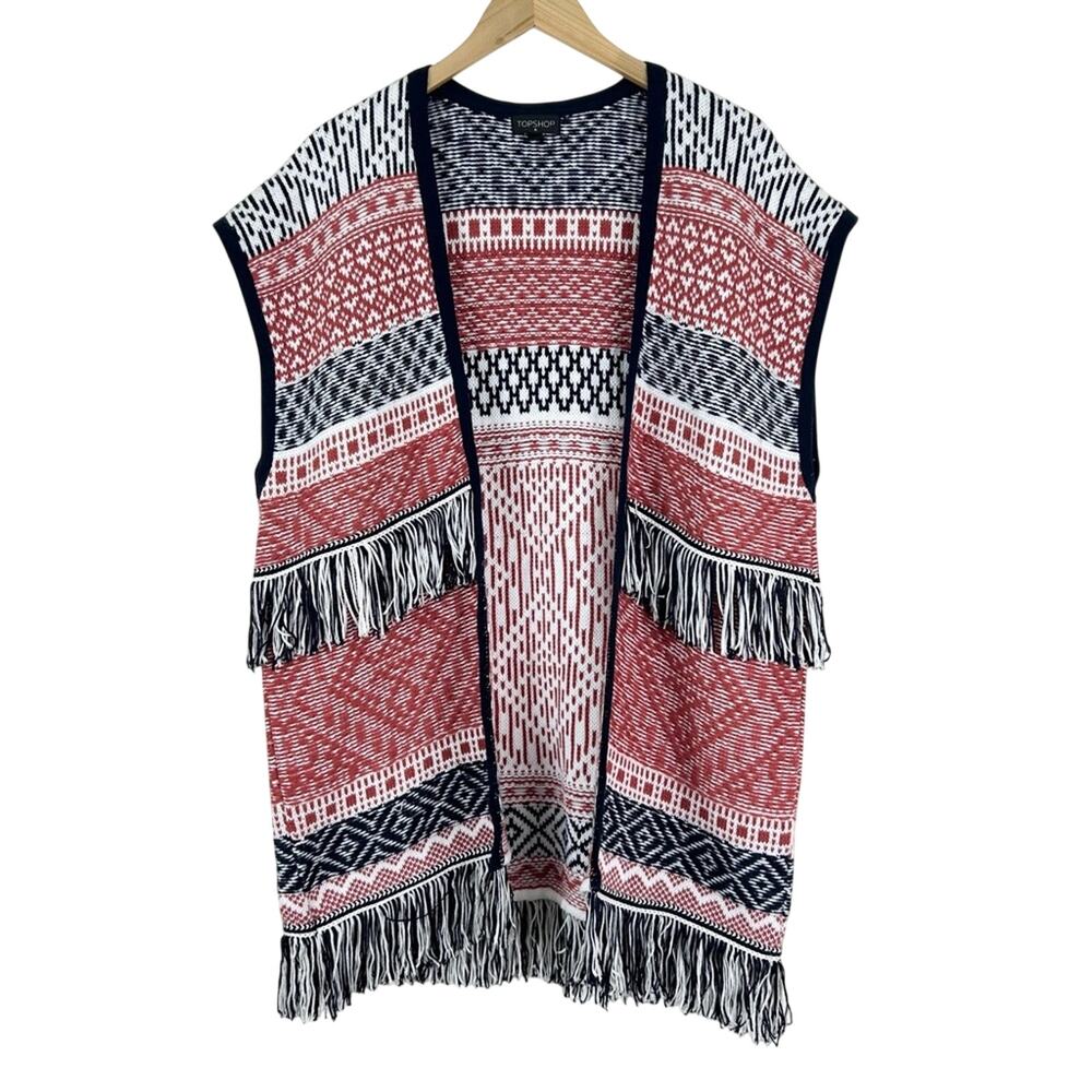 Topshop Fringe Oversized Sleeveless Open Front Cardigan Sweater Vest